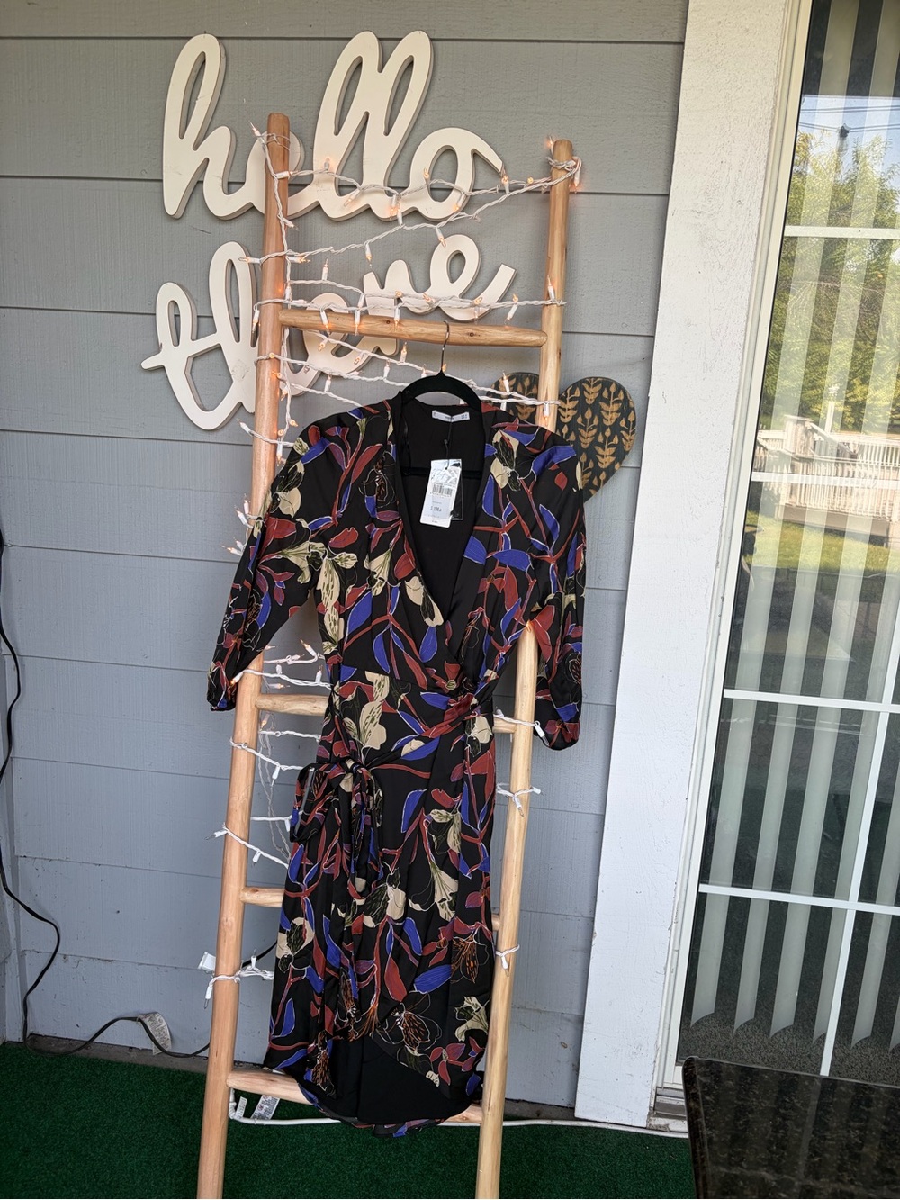 Mango Black Wrap Dress with Multicolor Leaf Print